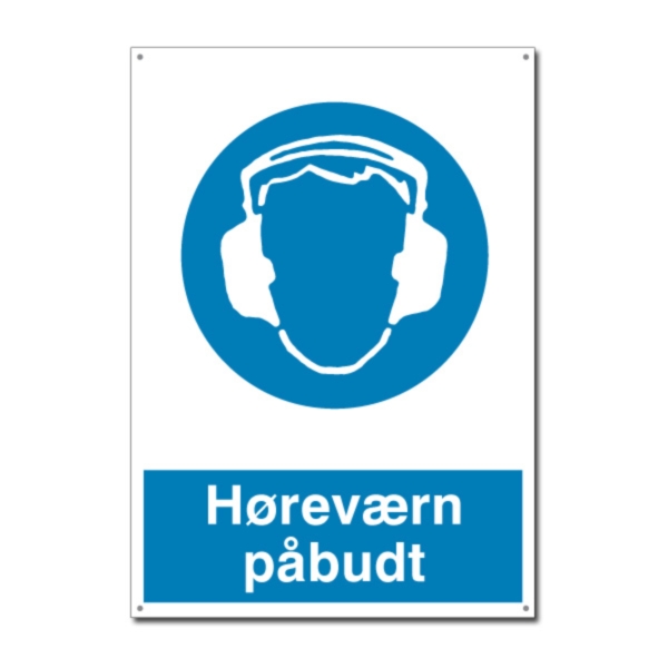Påbudsskilt fra Skomø med teksten "Høreværn påbudt" – sikkerhedsskilt til støjzoner.