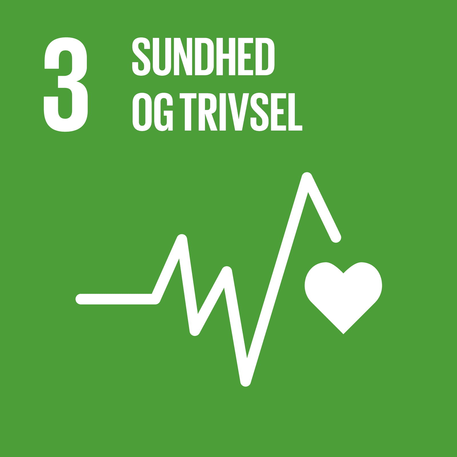 Skomø verdensmål 3 – ikon for sundhed og trivsel med hjerte og pulskurve på grøn baggrund.