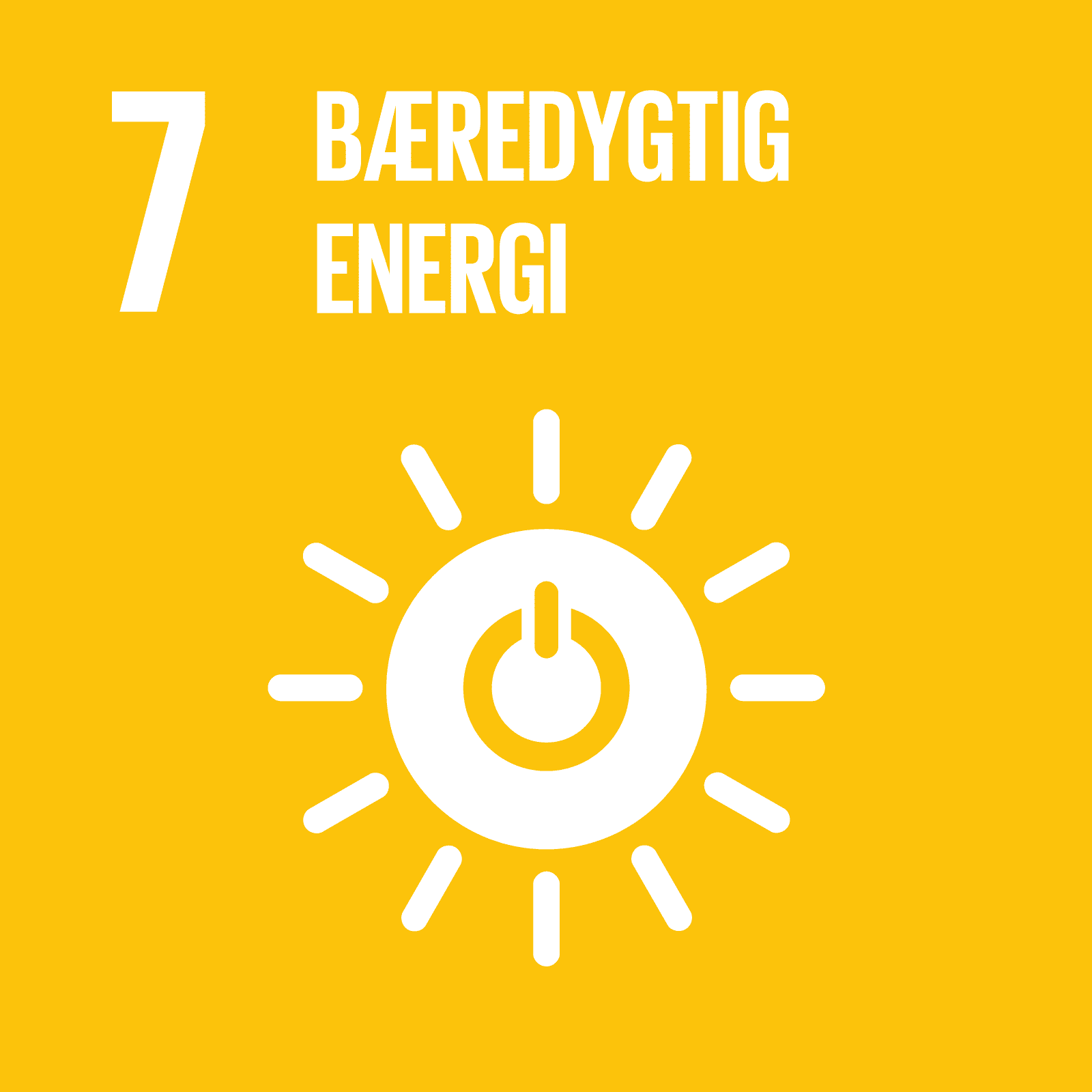 Skomø verdensmål 7 – ikon for bæredygtig energi med hvidt energisymbol på gul baggrund.